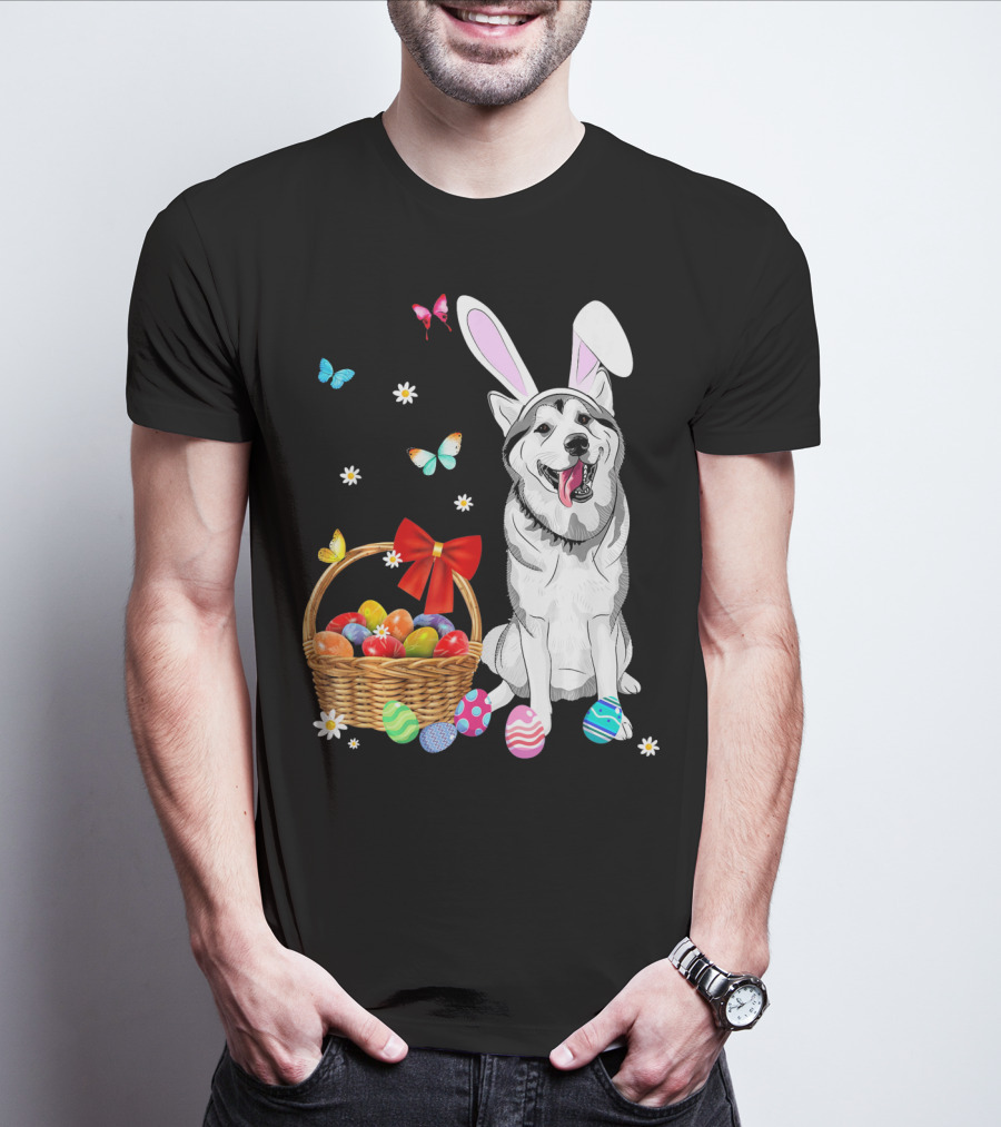 Siberian Husky Bunny Ears Easter Basket Eggs Butterflies T-Shirt