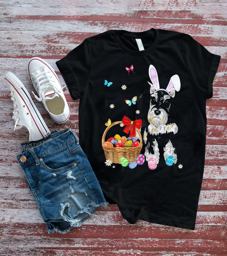 Miniature Schnauzer Bunny Ear With Easter Egg Basket And Butterflies T-Shirt