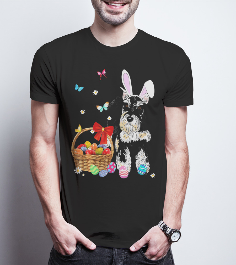 Miniature Schnauzer Bunny Ear With Easter Egg Basket And Butterflies T-Shirt
