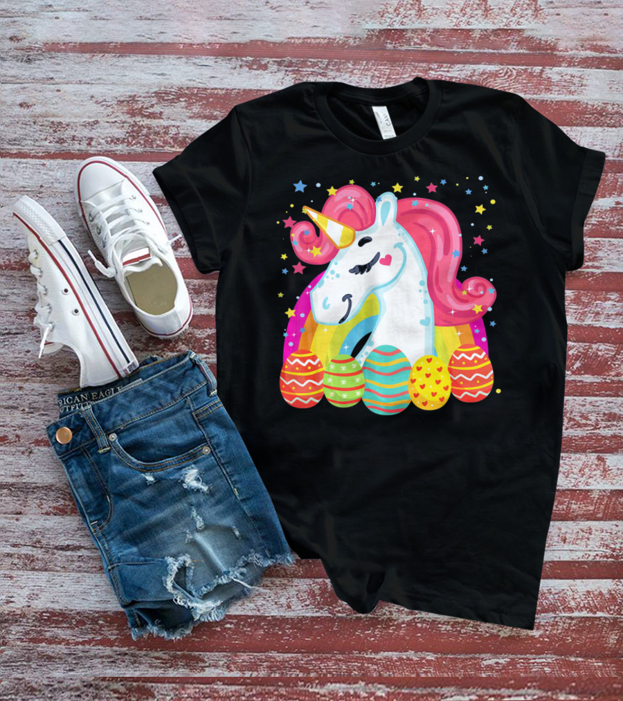 Unicorn With Rainbow Mane And Colorful Easter Eggs T-Shirt