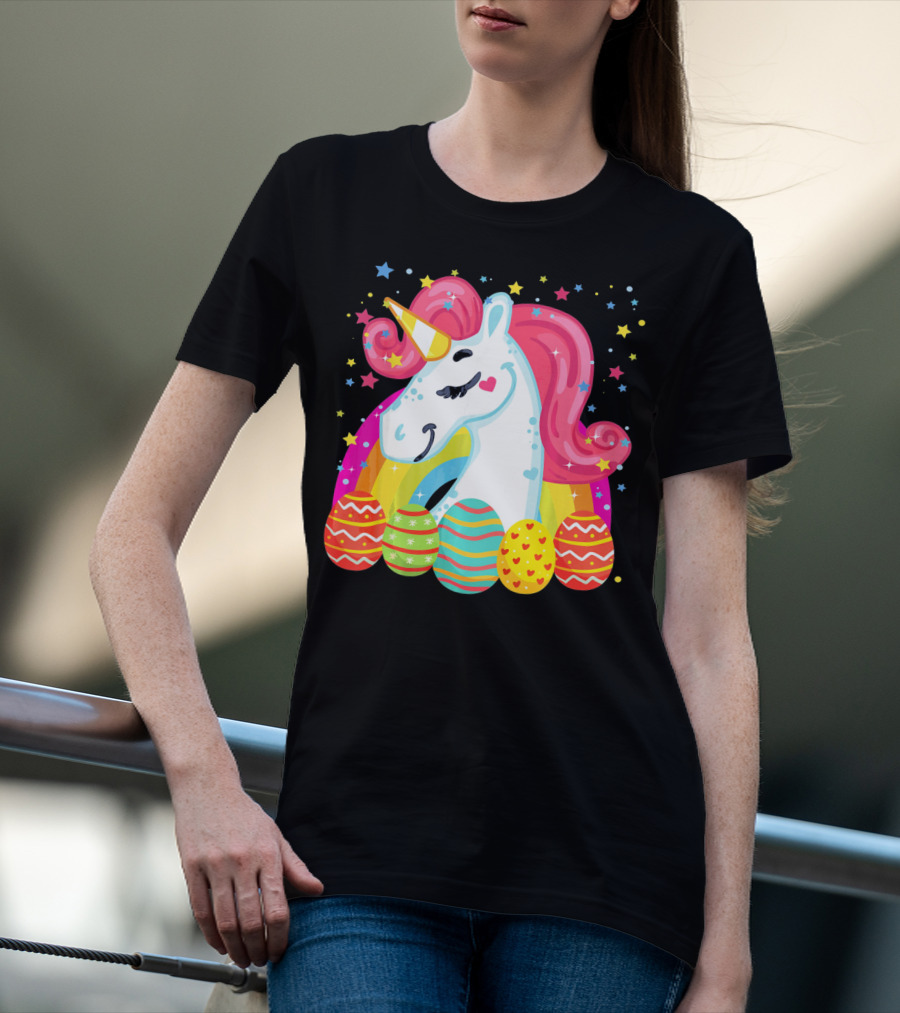 Unicorn With Rainbow Mane And Colorful Easter Eggs T-Shirt