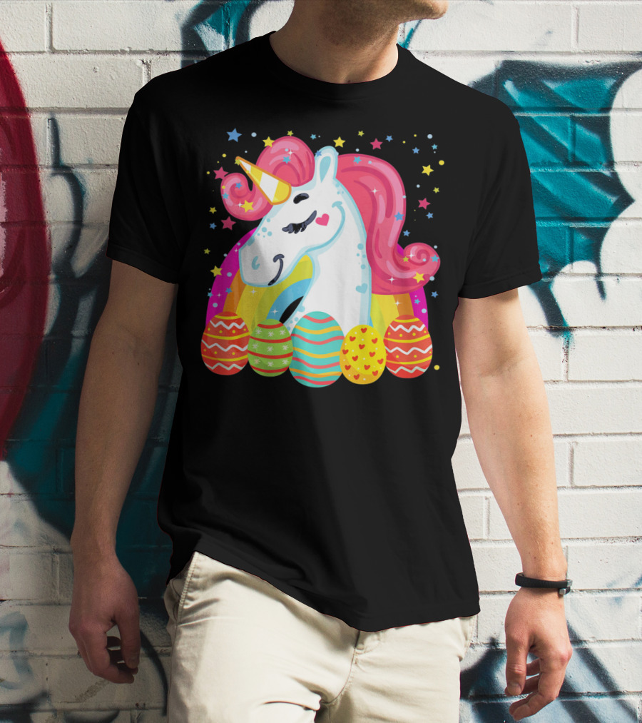 Unicorn With Rainbow Mane And Colorful Easter Eggs T-Shirt