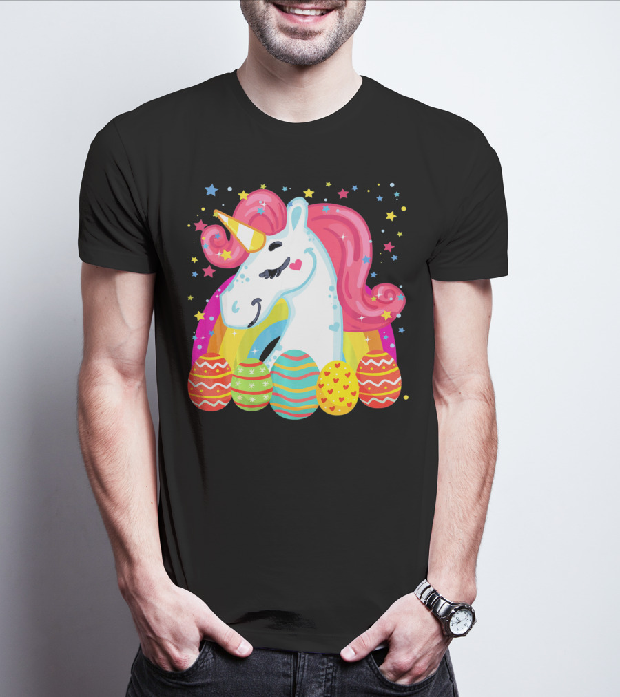 Unicorn With Rainbow Mane And Colorful Easter Eggs T-Shirt