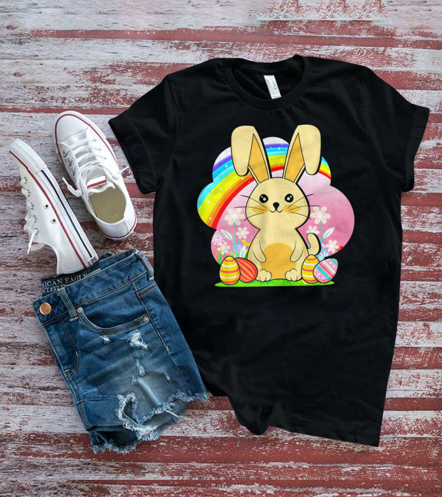 Easter Egg Bunny With Rainbow And Flowers T-Shirt