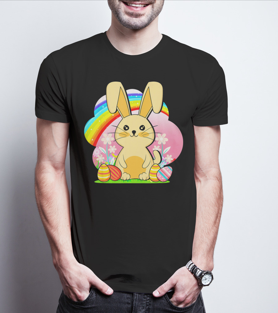Easter Egg Bunny With Rainbow And Flowers T-Shirt