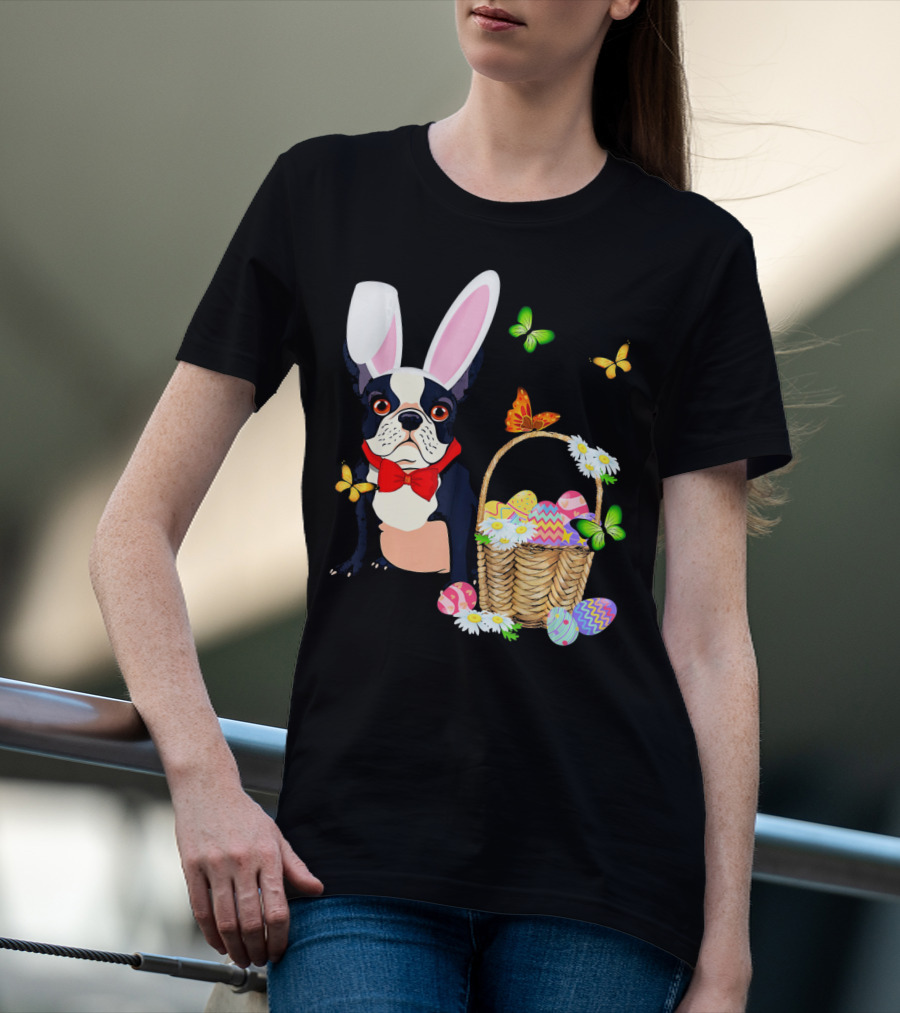 French Bulldog Bunny Hat Rabbit Easter Basket Eggs Butterflies T-Shirt
