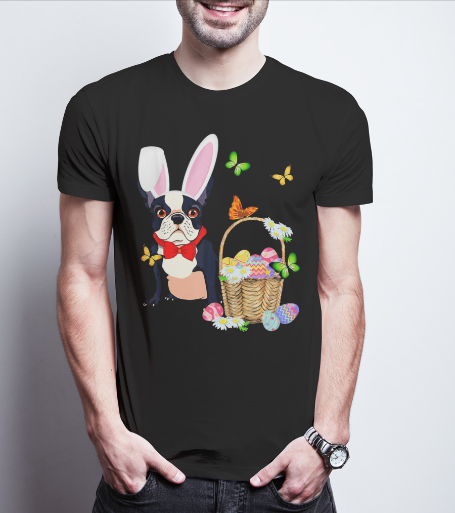 French Bulldog Bunny Hat Rabbit Easter Basket Eggs Butterflies T-Shirt
