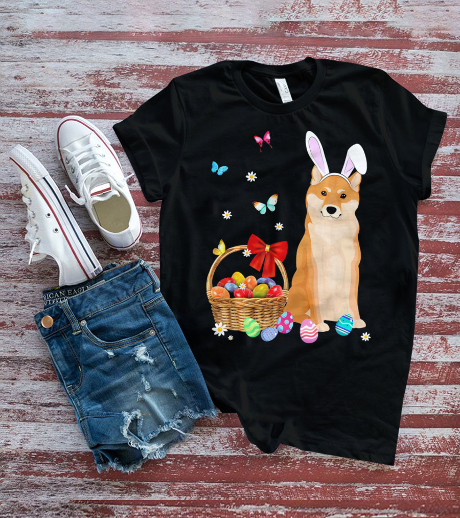 Shiba Inu Bunny Ear Rabbit Easter Eggs Basket Butterflies Flowers T-Shirt