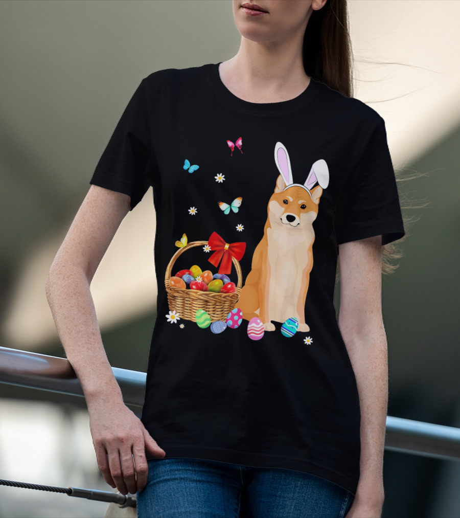 Shiba Inu Bunny Ear Rabbit Easter Eggs Basket Butterflies Flowers T-Shirt