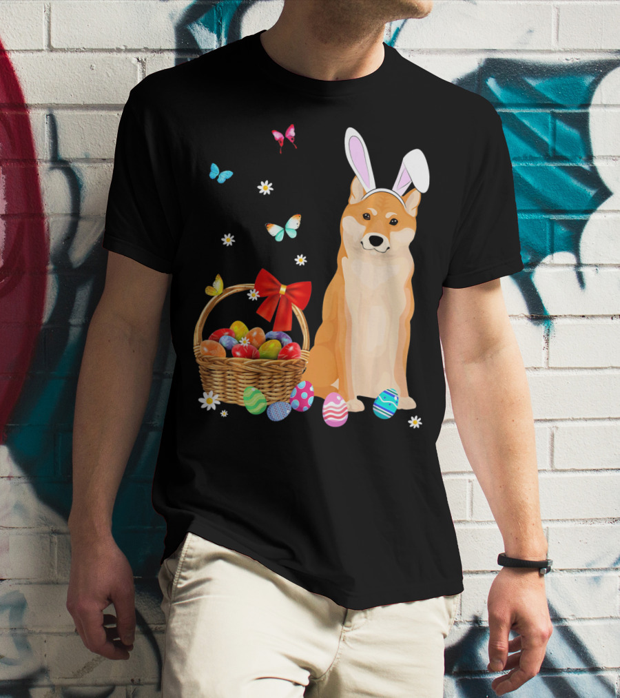 Shiba Inu Bunny Ear Rabbit Easter Eggs Basket Butterflies Flowers T-Shirt