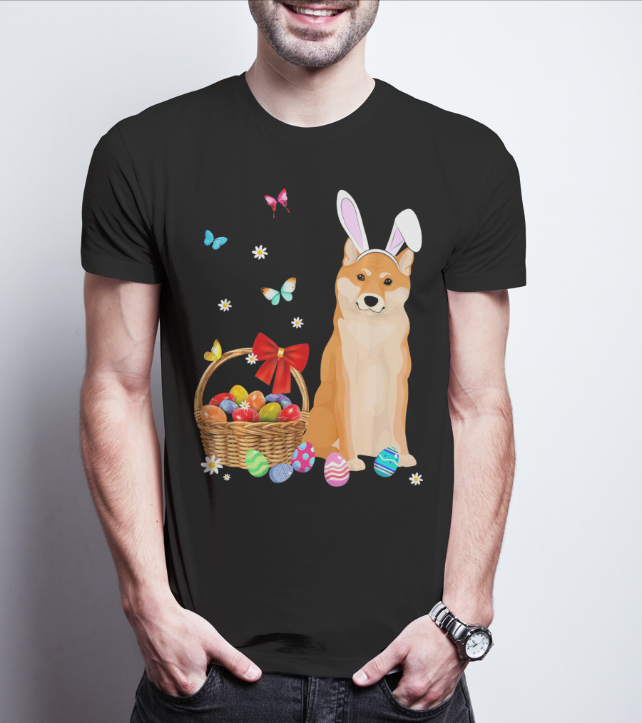 Shiba Inu Bunny Ear Rabbit Easter Eggs Basket Butterflies Flowers T-Shirt
