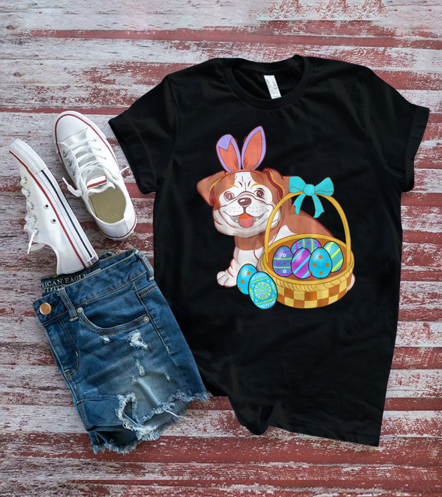 Easter Bulldog Holiday Bunny Ears With Easter Egg Basket T-Shirt