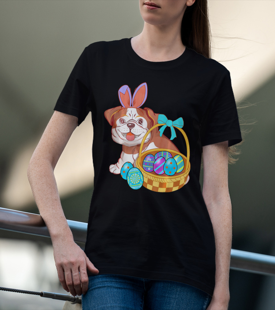 Easter Bulldog Holiday Bunny Ears With Easter Egg Basket T-Shirt