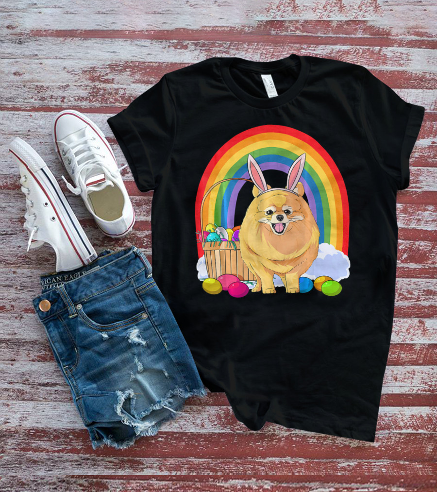Easter Eggs Pomeranian Bunny Dog Rainbow Basket T-Shirt