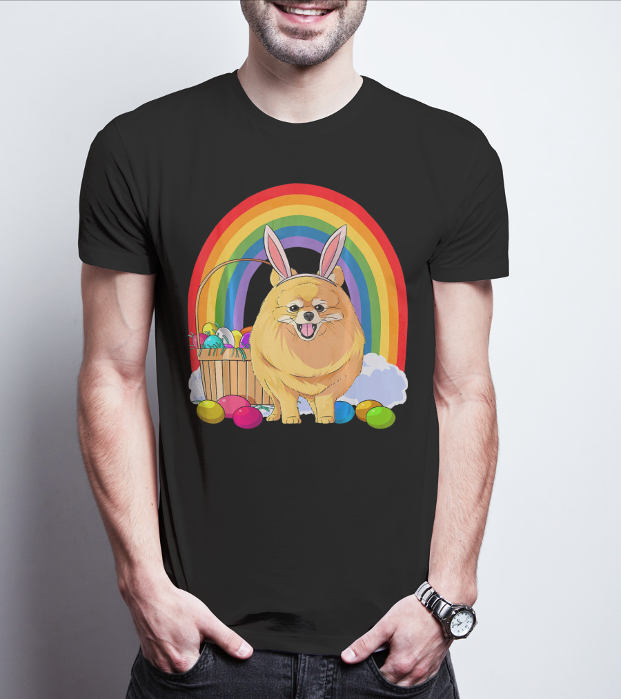 Easter Eggs Pomeranian Bunny Dog Rainbow Basket T-Shirt