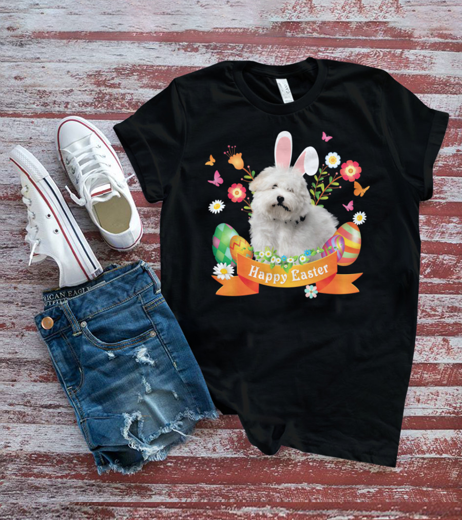 Happy Easter Bunny Coton De Tulear Dog With Eggs And Flowers T-Shirt