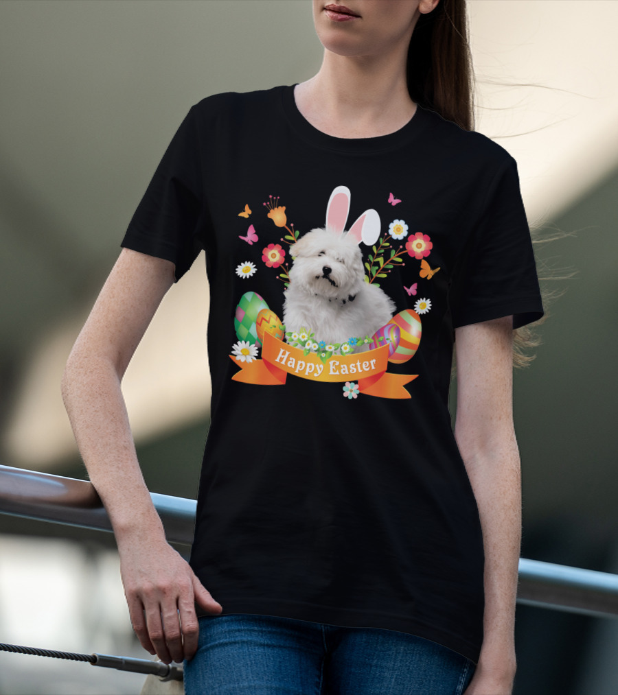 Happy Easter Bunny Coton De Tulear Dog With Eggs And Flowers T-Shirt