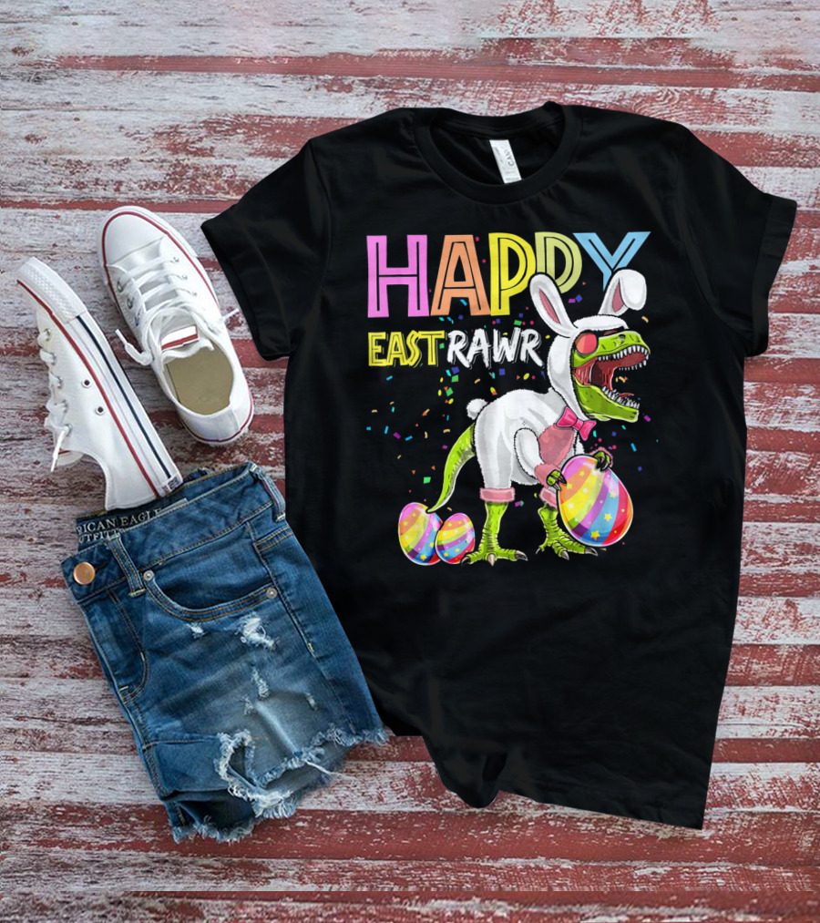 HAPPY EASTRAWR DINOSAUR BUNNY WITH EGGS AND CONFETTI T-Shirt