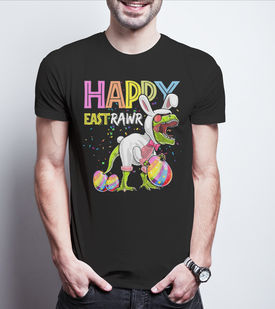 HAPPY EASTRAWR DINOSAUR BUNNY WITH EGGS AND CONFETTI T-Shirt