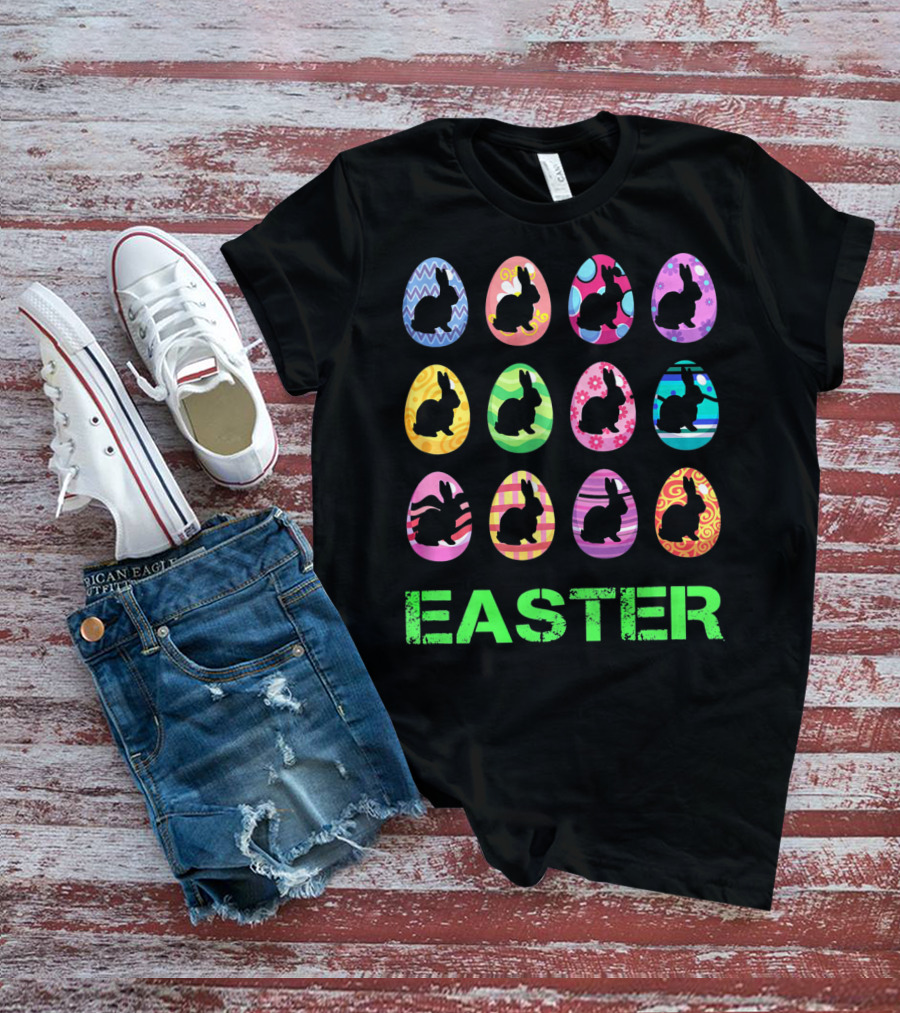 Easter Bunny Rabbit Egg Silhouettes With Colorful T-Shirt
