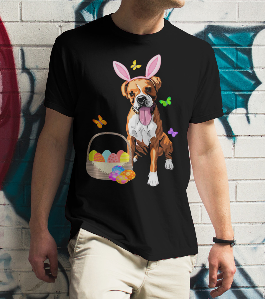 Girls Happy Easter Bunny Boxer Dog With Easter Eggs And Butterflies T-Shirt