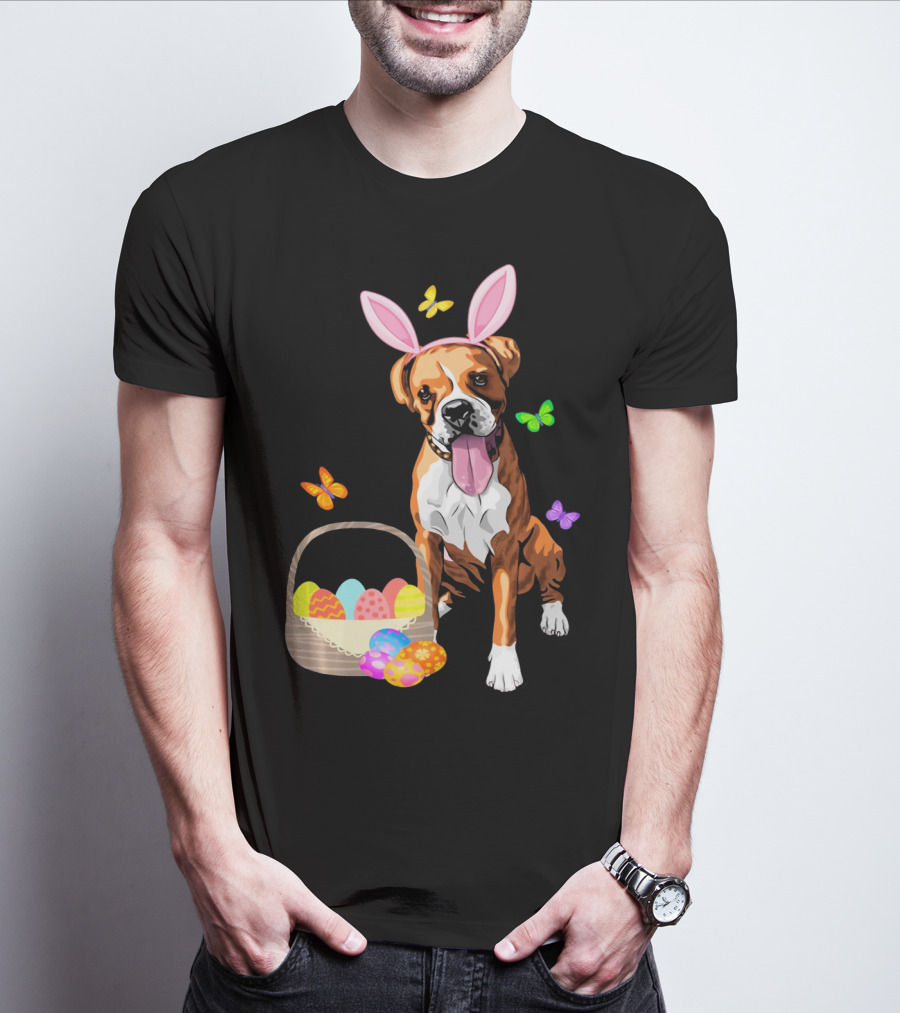 Girls Happy Easter Bunny Boxer Dog With Easter Eggs And Butterflies T-Shirt