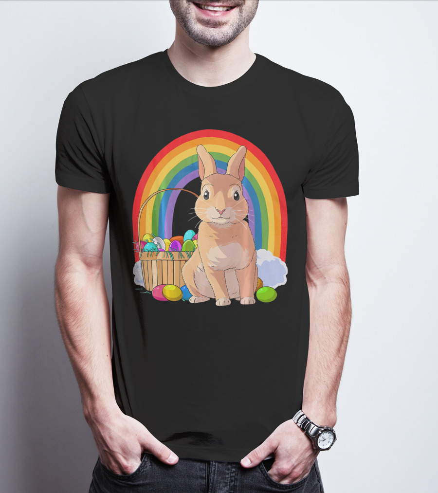 Bunny Rabbit With Easter Eggs And Rainbow For Kids Easter T-Shirt