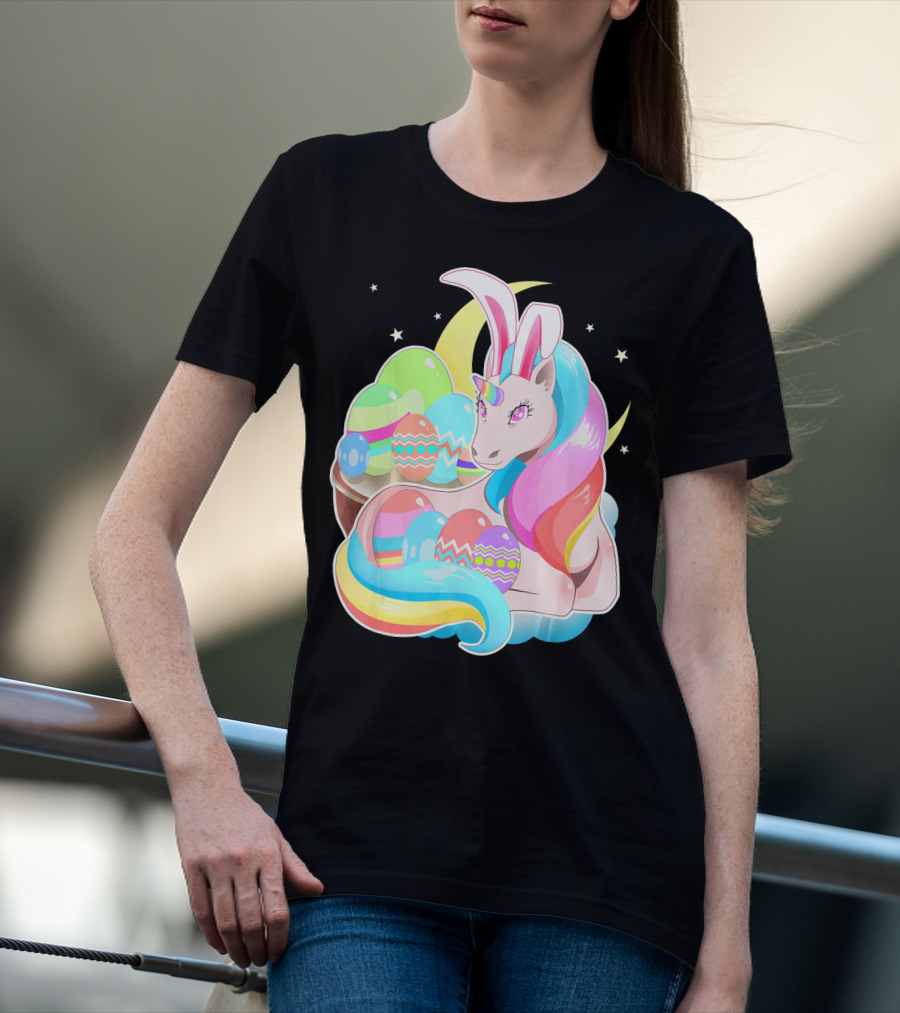 Unicorn Easter Bunny Ears Holiday Pastel Eggs And Moon Stars T-Shirt