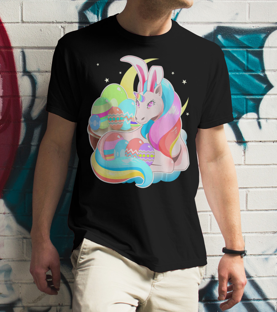 Unicorn Easter Bunny Ears Holiday Pastel Eggs And Moon Stars T-Shirt