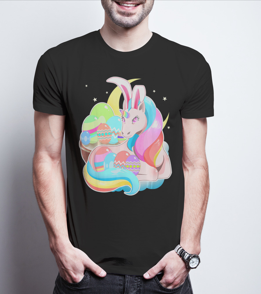 Unicorn Easter Bunny Ears Holiday Pastel Eggs And Moon Stars T-Shirt