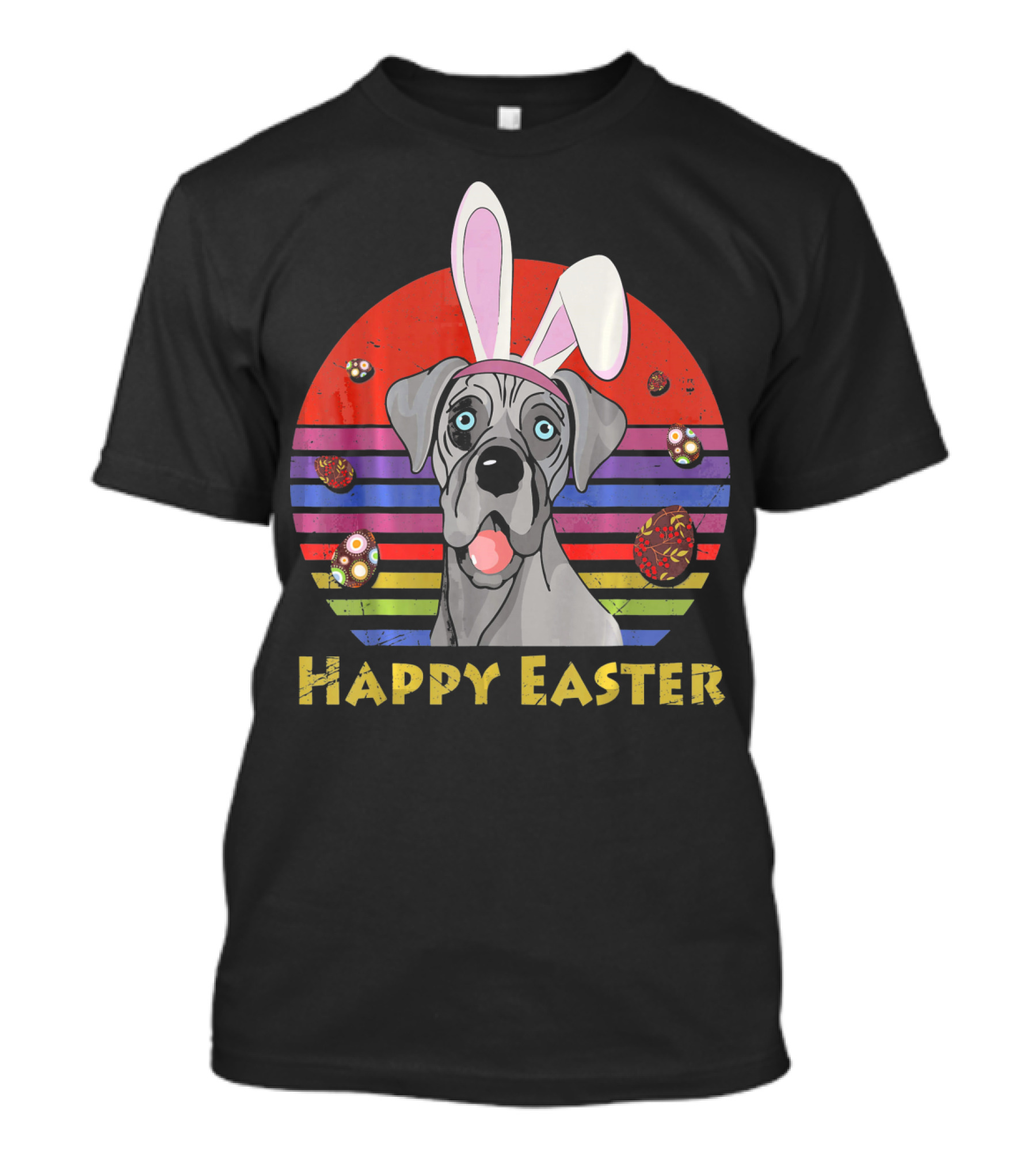 Great Dane With Bunny Headband Happy Easter Stripes And Eggs T-Shirt