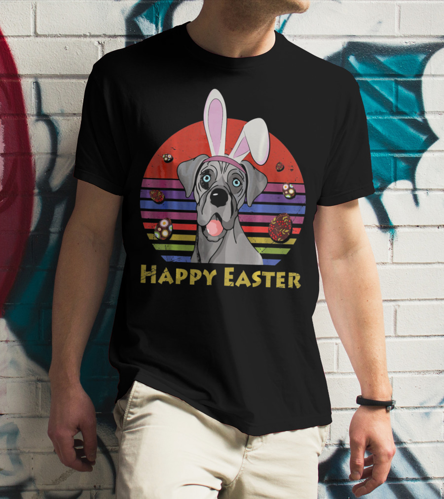 Great Dane With Bunny Headband Happy Easter Stripes And Eggs T-Shirt