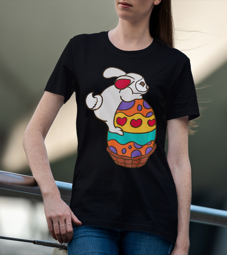 Easter Bunny Hugging Colorful Heart Patterned Egg T-Shirt