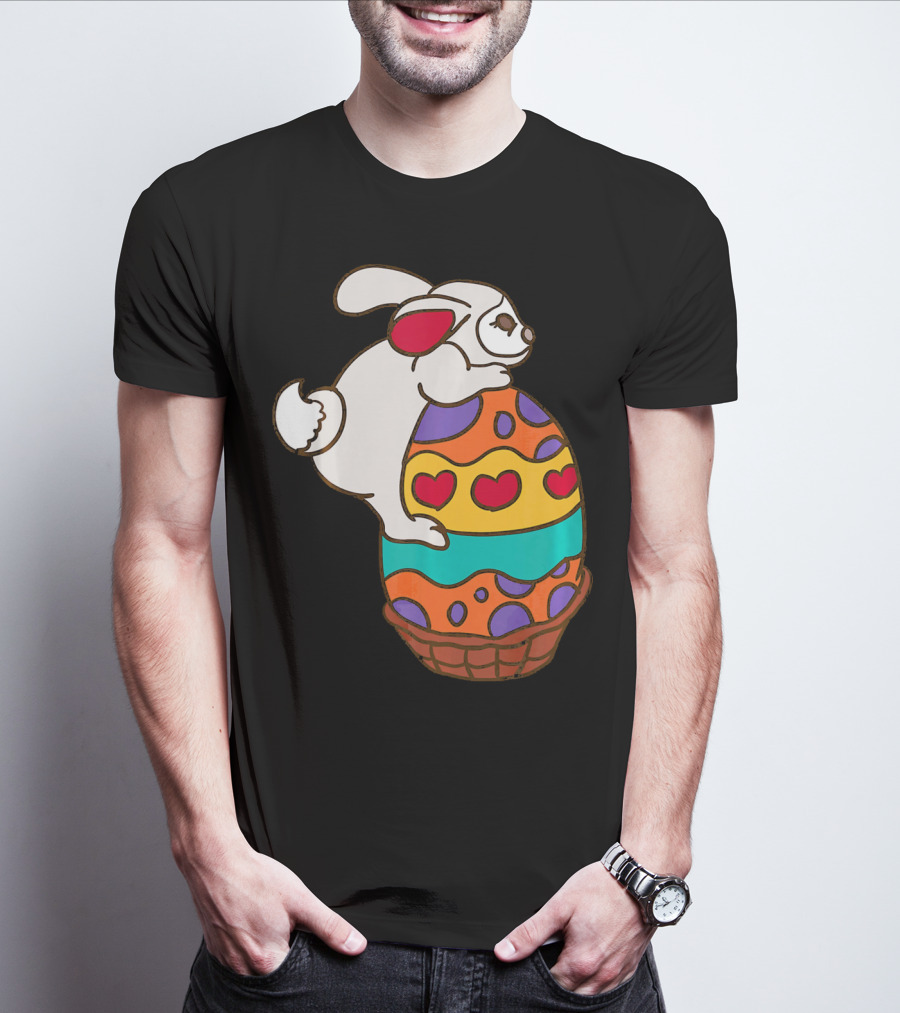 Easter Bunny Hugging Colorful Heart Patterned Egg T-Shirt