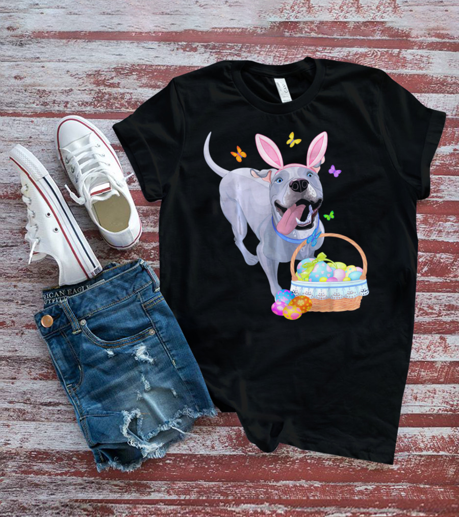 Gray Pit Bull Puppy With Bunny Ears And Easter Basket T-Shirt
