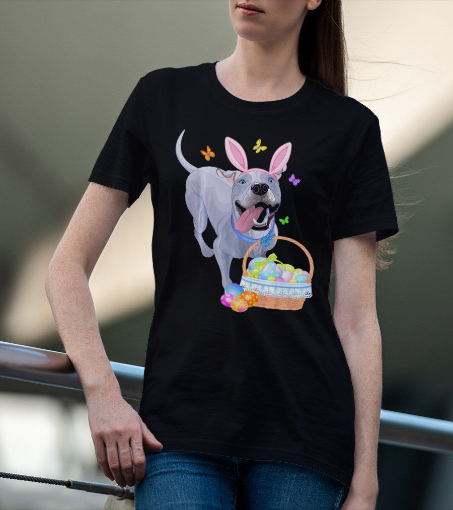 Gray Pit Bull Puppy With Bunny Ears And Easter Basket T-Shirt