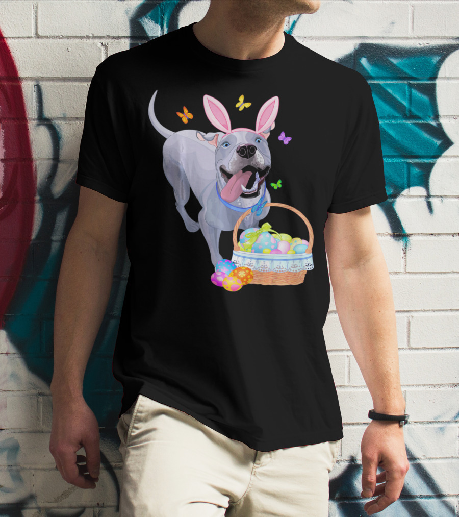 Gray Pit Bull Puppy With Bunny Ears And Easter Basket T-Shirt