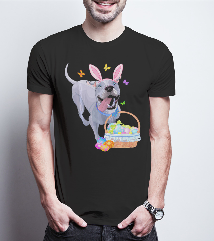 Gray Pit Bull Puppy With Bunny Ears And Easter Basket T-Shirt