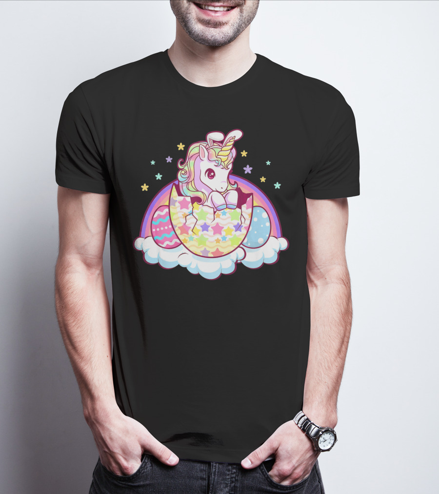 Easter Unicorn Hatching From Egg With Rainbow And Stars T-Shirt