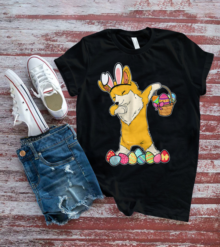 Corgi Dabbing Easter Basket Bunny Ears Eggs T-Shirt