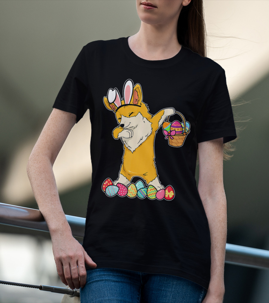 Corgi Dabbing Easter Basket Bunny Ears Eggs T-Shirt
