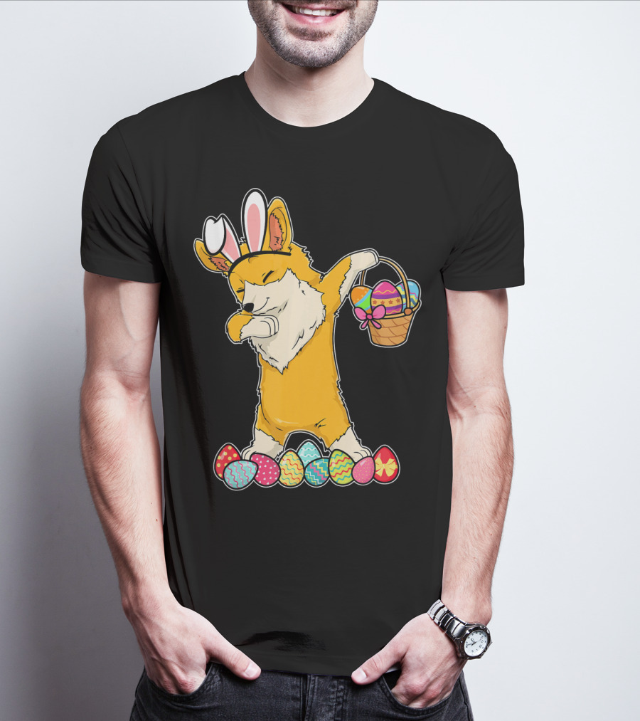 Corgi Dabbing Easter Basket Bunny Ears Eggs T-Shirt