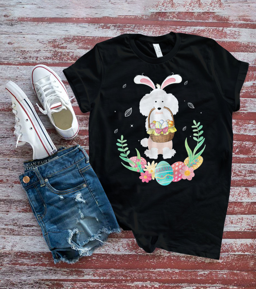 Poodle Bunny Ears Easter Egg Basket Spring Leaves T-Shirt