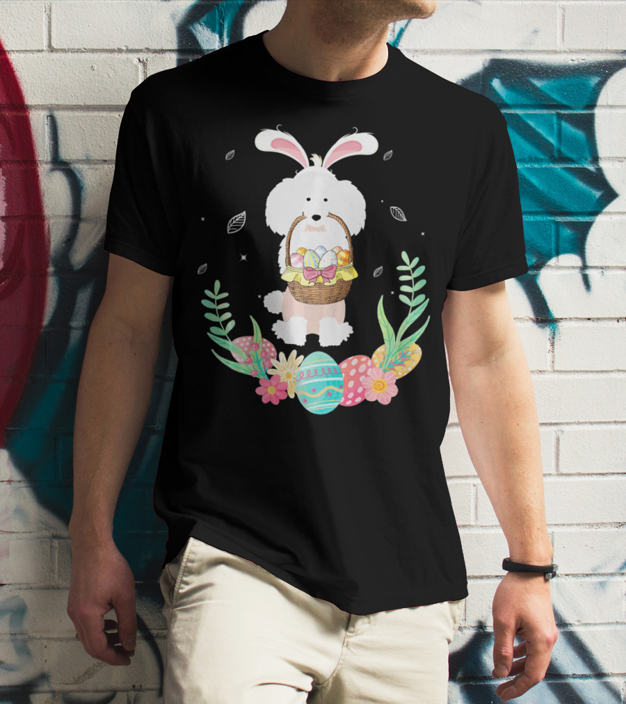 Poodle Bunny Ears Easter Egg Basket Spring Leaves T-Shirt