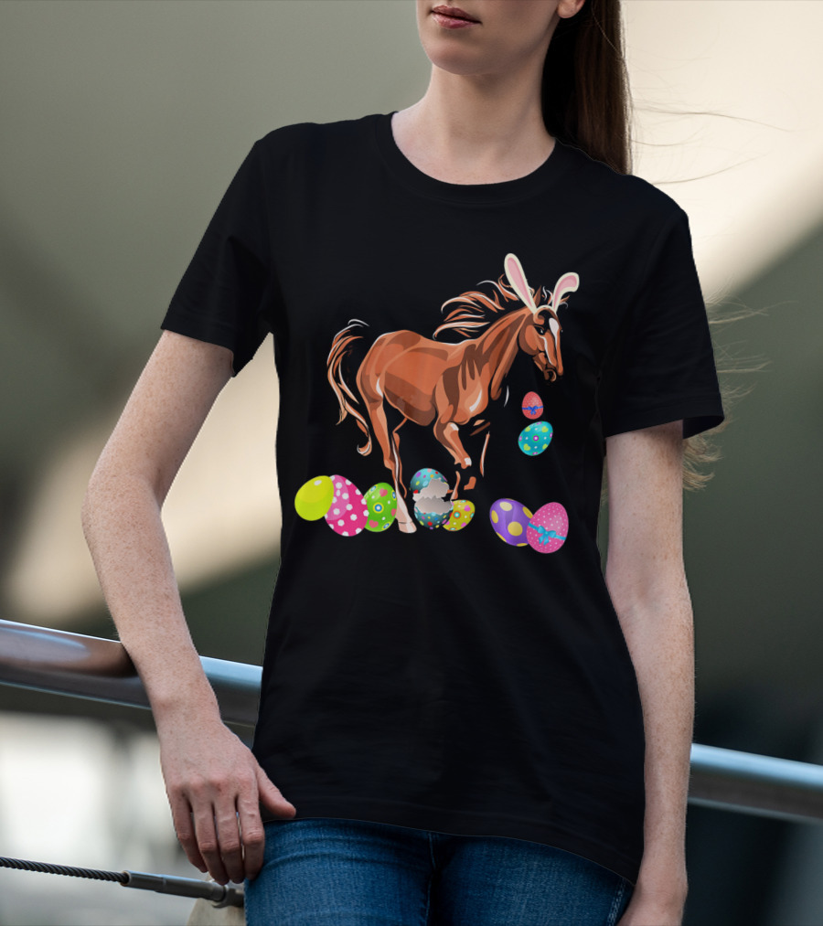 Horse With Bunny Ears Among Colorful Easter Eggs T-Shirt