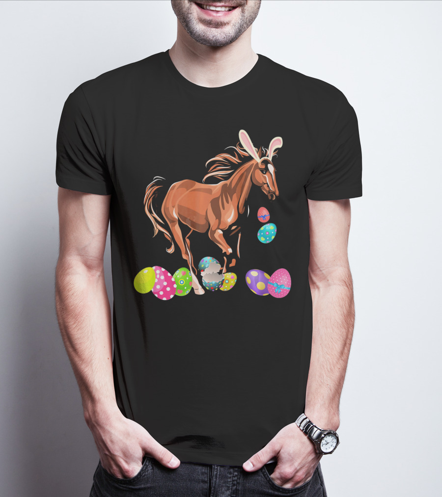 Horse With Bunny Ears Among Colorful Easter Eggs T-Shirt