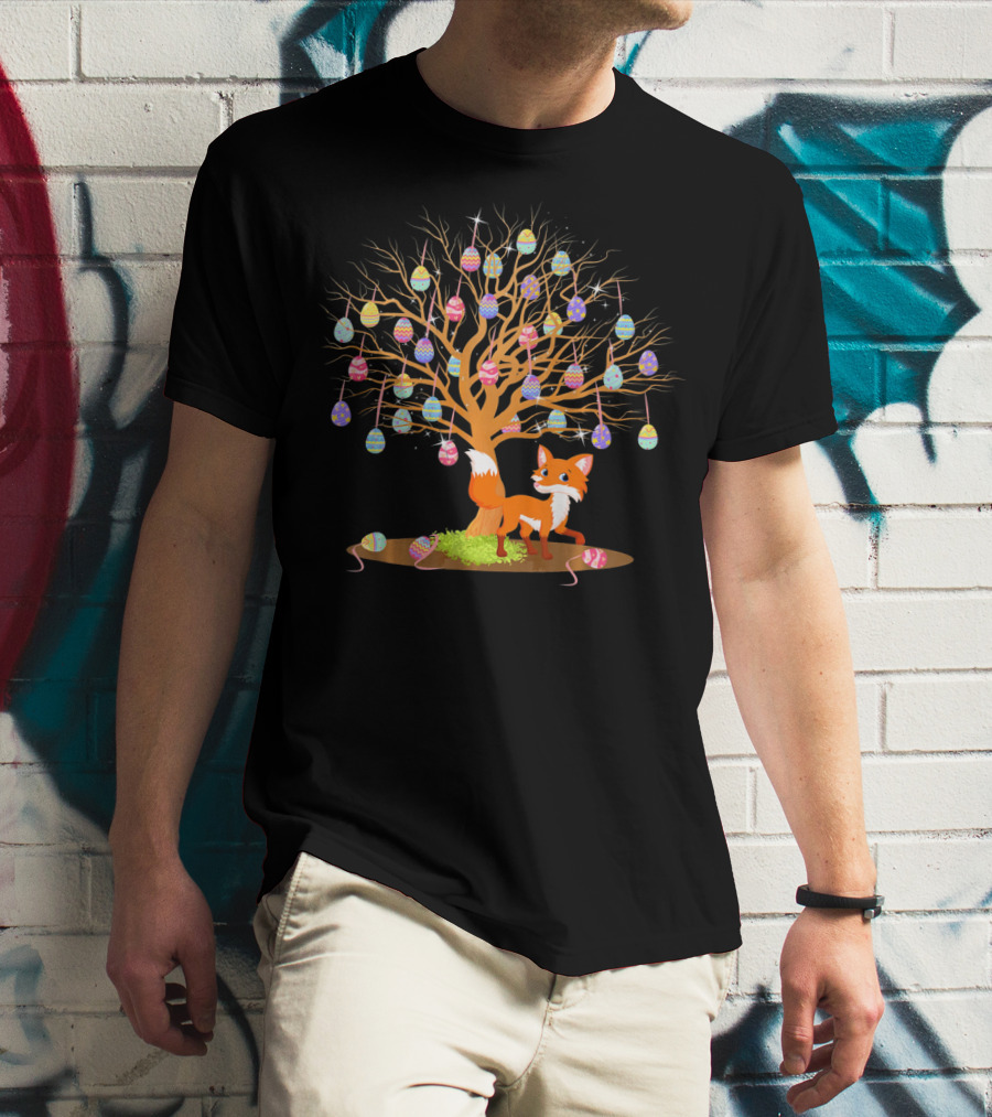 Funny Fox With Easter Egg Tree And Bunny Rabbit Elements T-Shirt