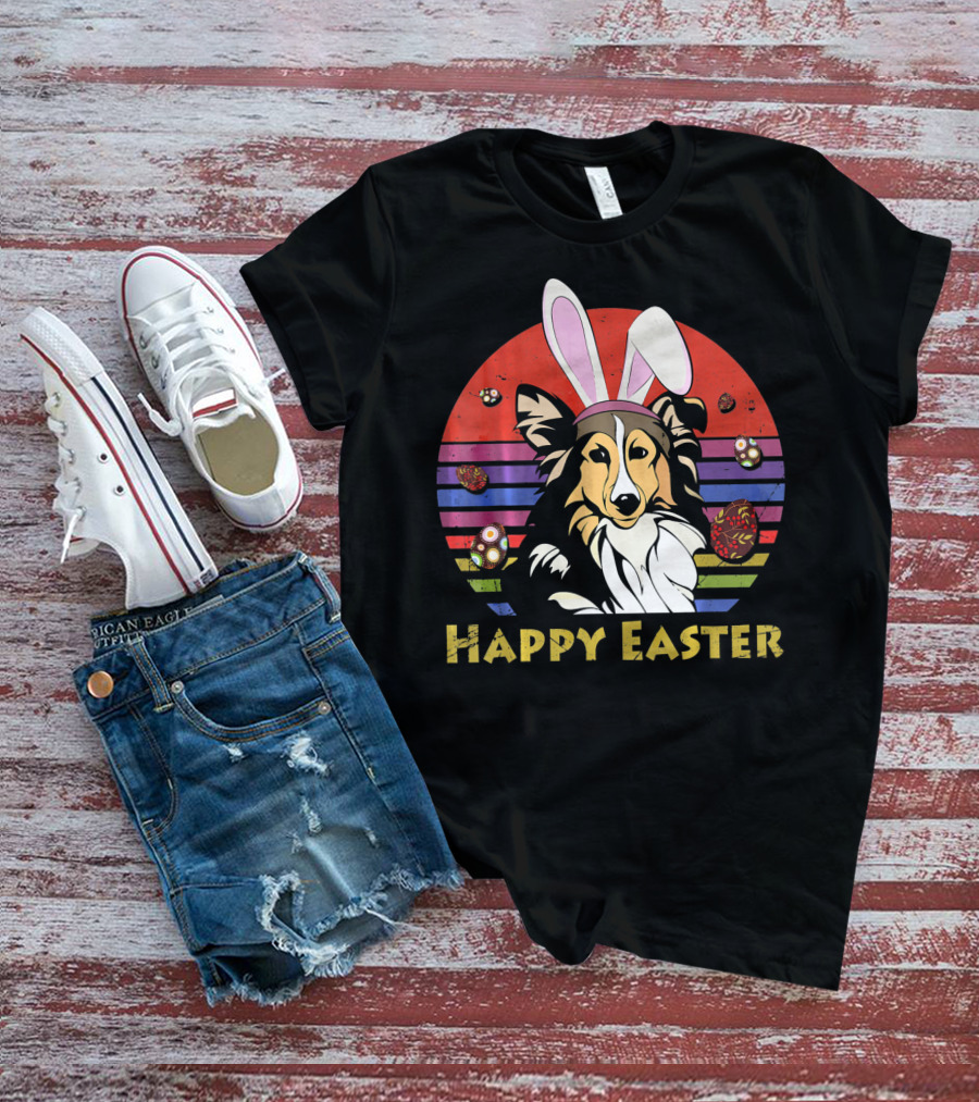 Happy Easter Shetland Sheepdog With Bunny Headband And Colorful Eggs T-Shirt