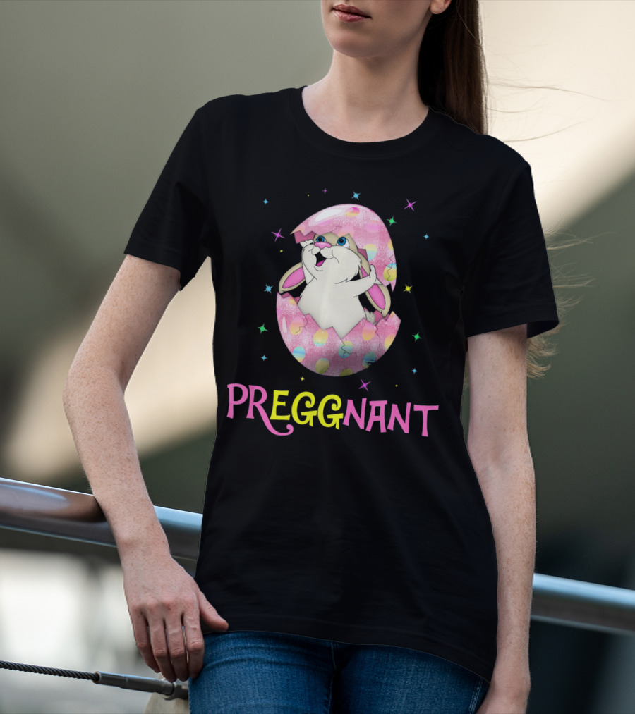 Preggnant Easter Bunny In Egg Shell With Stars T-Shirt