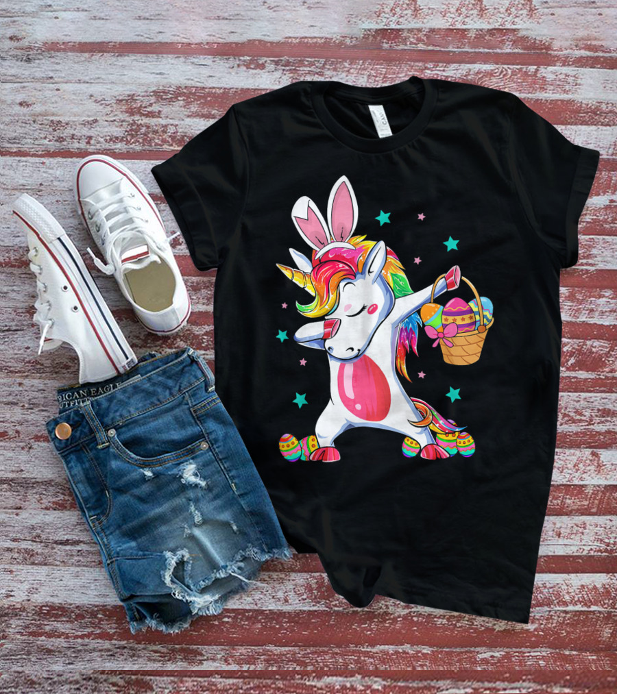 Dabbing Bunny Unicorn With Easter Basket And Eggs Funny Easter Day T-Shirt